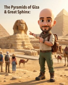 Tourist Shadi character in front of the Great Pyramids of Giza in Egypt