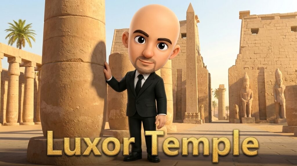 Illuminated statues of Luxor Temple connected to the ancient Avenue of Sphinxes at dusk in Luxor