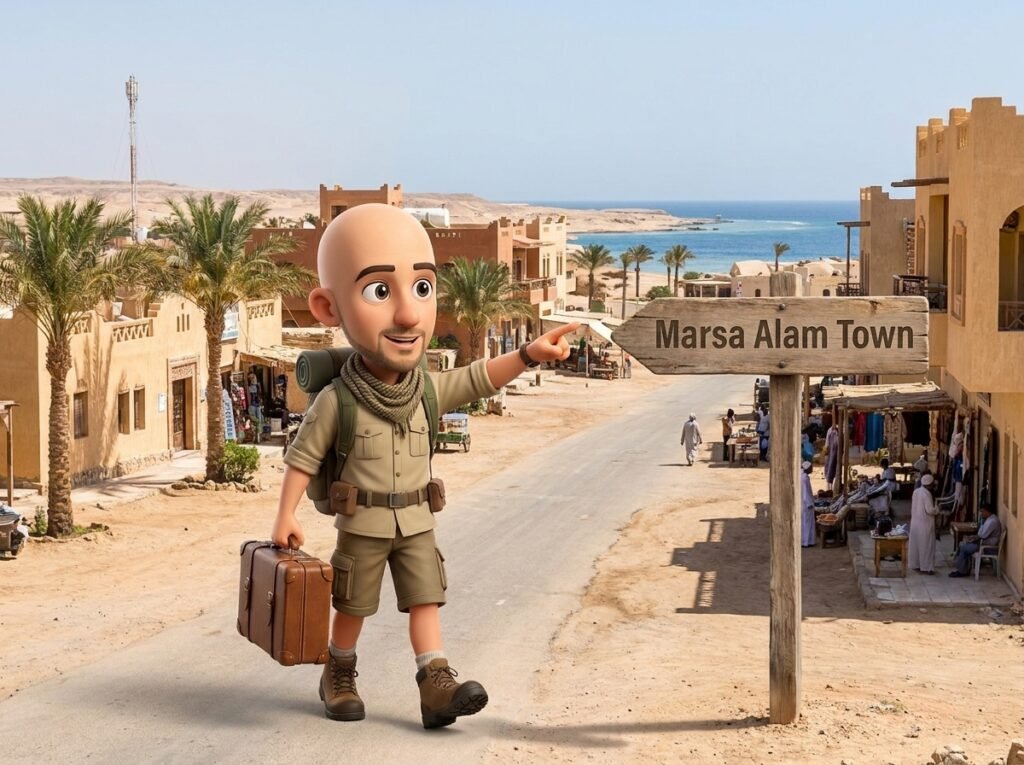 Traditional Egyptian souvenir shops and local bazaar market in Marsa Alam town