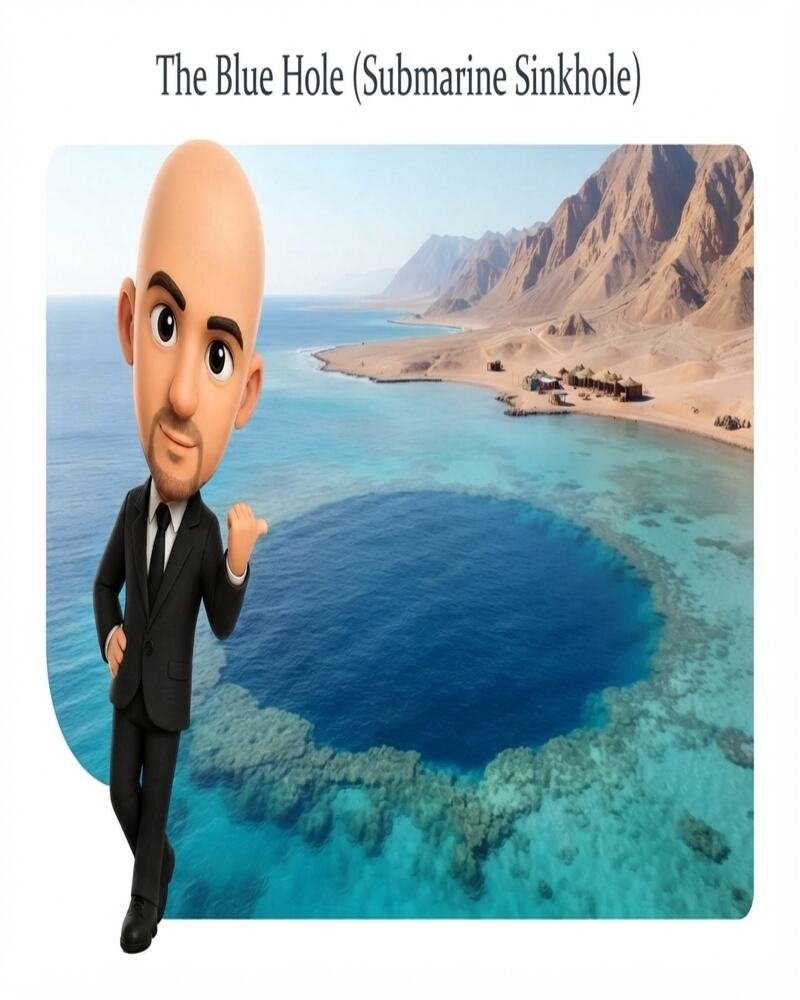 Visual Prompt Idea: Aerial or high-angle coastal view of the deep circular blue sinkhole of the Blue Hole surrounded by shallow turquoise coral reefs and desert mountains near Dahab.