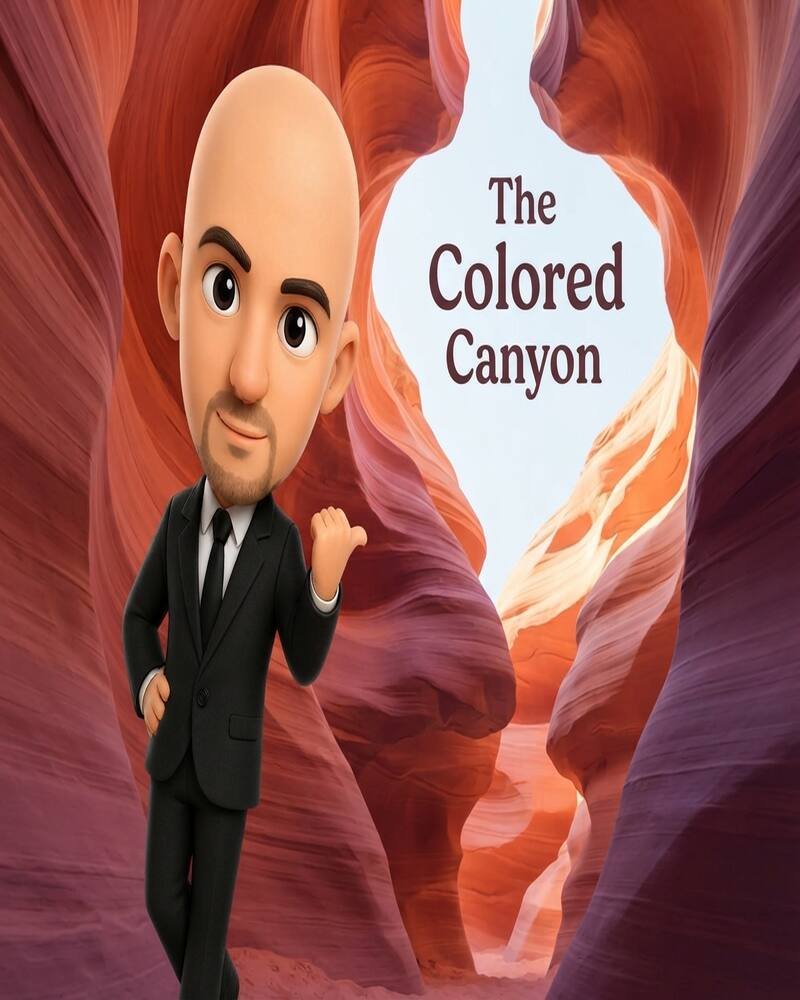 Dramatic sandstone canyon gorge with swirling red and gold rock layers at Colored Canyon near Dahab