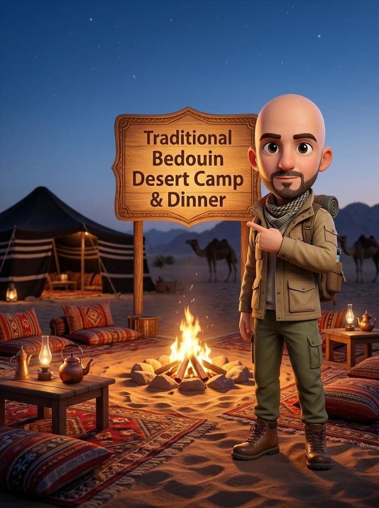 Visual Prompt Idea: Evening Bedouin desert gathering around a warm campfire with colorful rugs on the sand beneath starry desert skies outside Dahab.